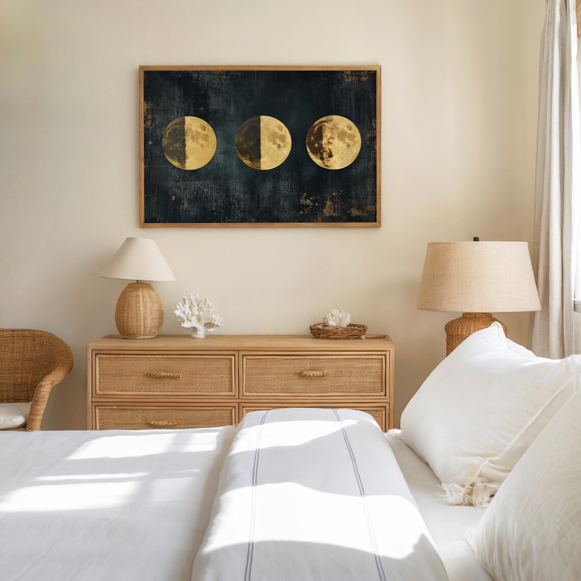 Golden Moon Phases Trio Celestial Lunar Wall Art On Dark Textured Print - Image 3