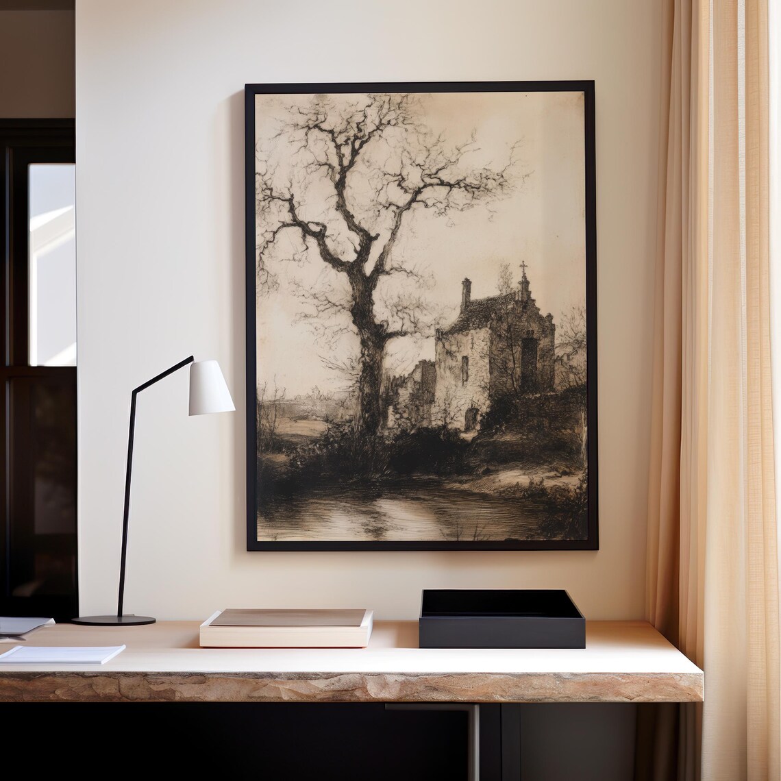 Gothic Abbey Ruins Vintage Black White Engraving Haunted Manor Poster - Image 4