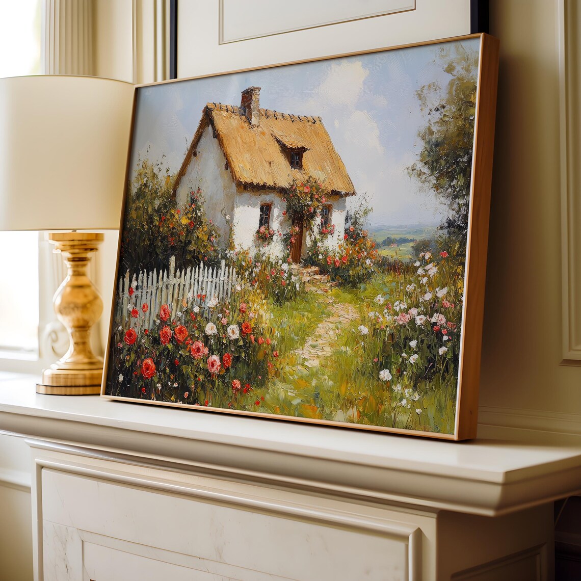 White Thatched Cottage Roses Garden Oil Painting Country Poster - Image 7