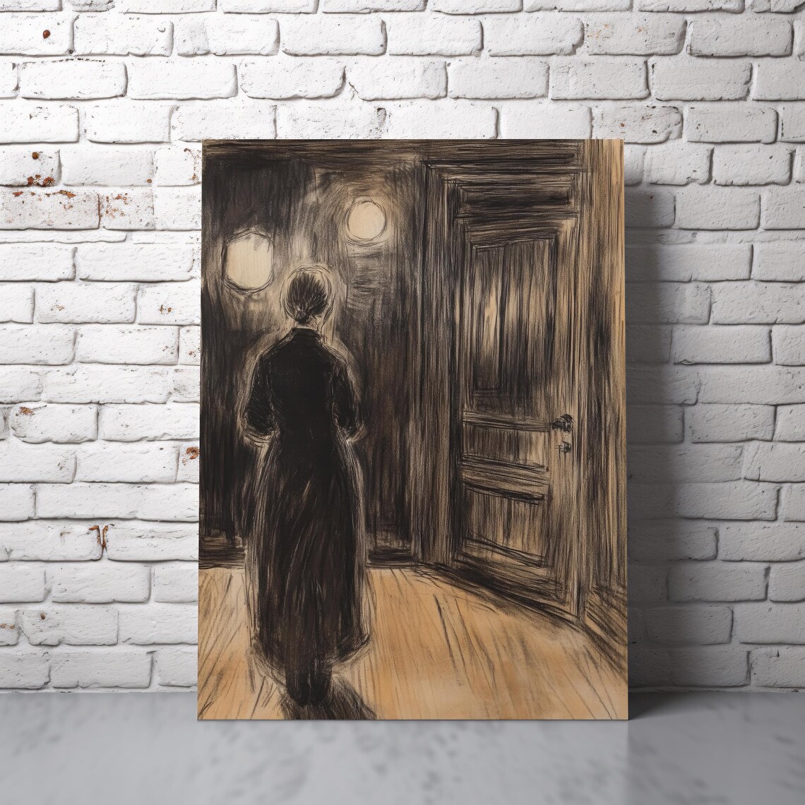 Moody Charcoal Sketch Woman In Dimly Lit Room Dark Interior Wall Art Print - Image 7