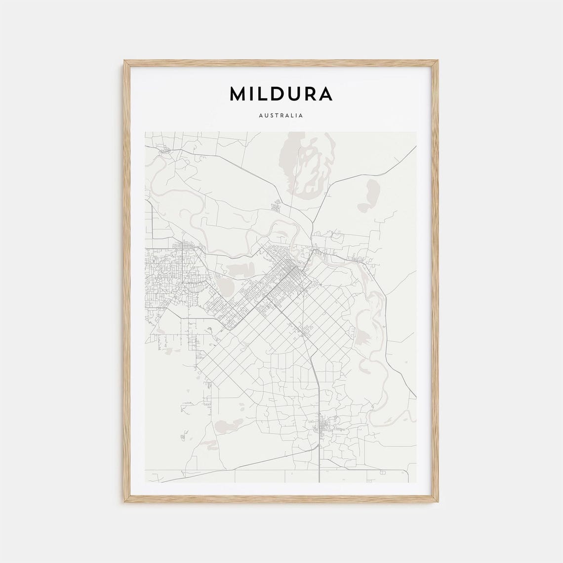 Mildura Australia Minimalist Light Gray Murray River Inland Map Poster