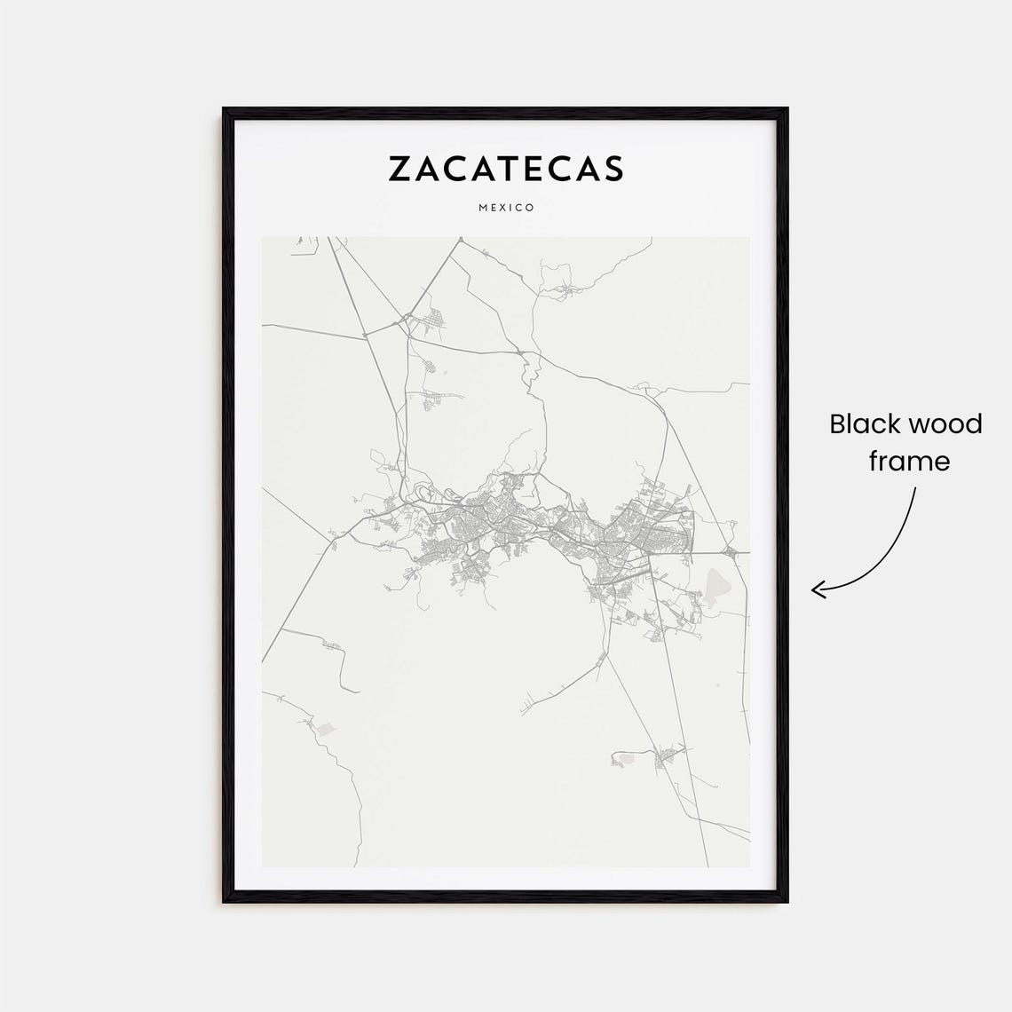 Zacatecas Mexico Minimalist Black and White City Street Map Art Poster - Image 3
