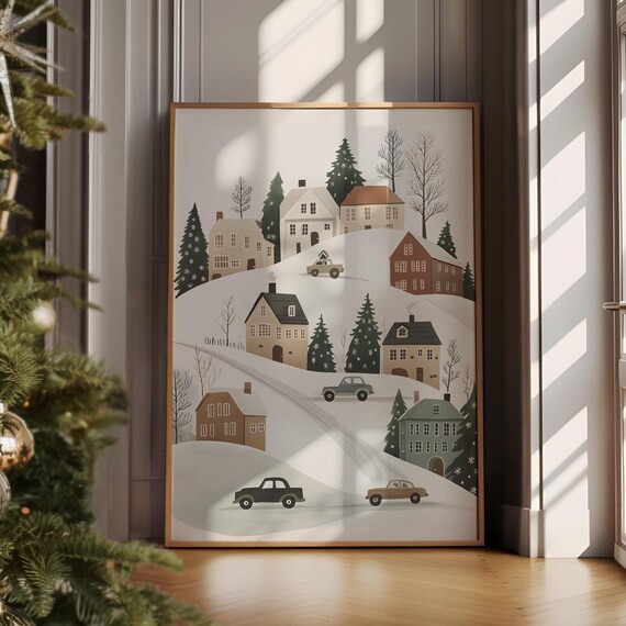 Retro Christmas Town Wall Art Cute Trendy Winter Decor Instant For Nursery Kids Room Eclectic Apartments 1549