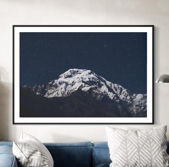Snowy Annapurna Peak Under Starry Night Sky Mountain Photography Poster