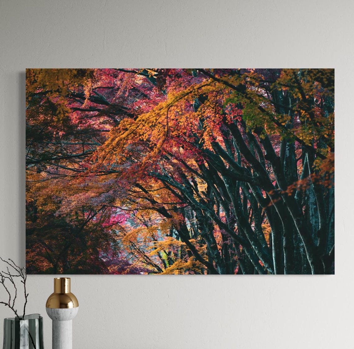 Fiery Autumn Forest Canopy with Glowing Maple Foliage Poster