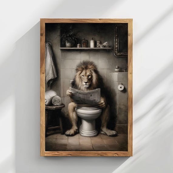 Vintage Lion Bathroom Painting Funny Animal Wall Art 143