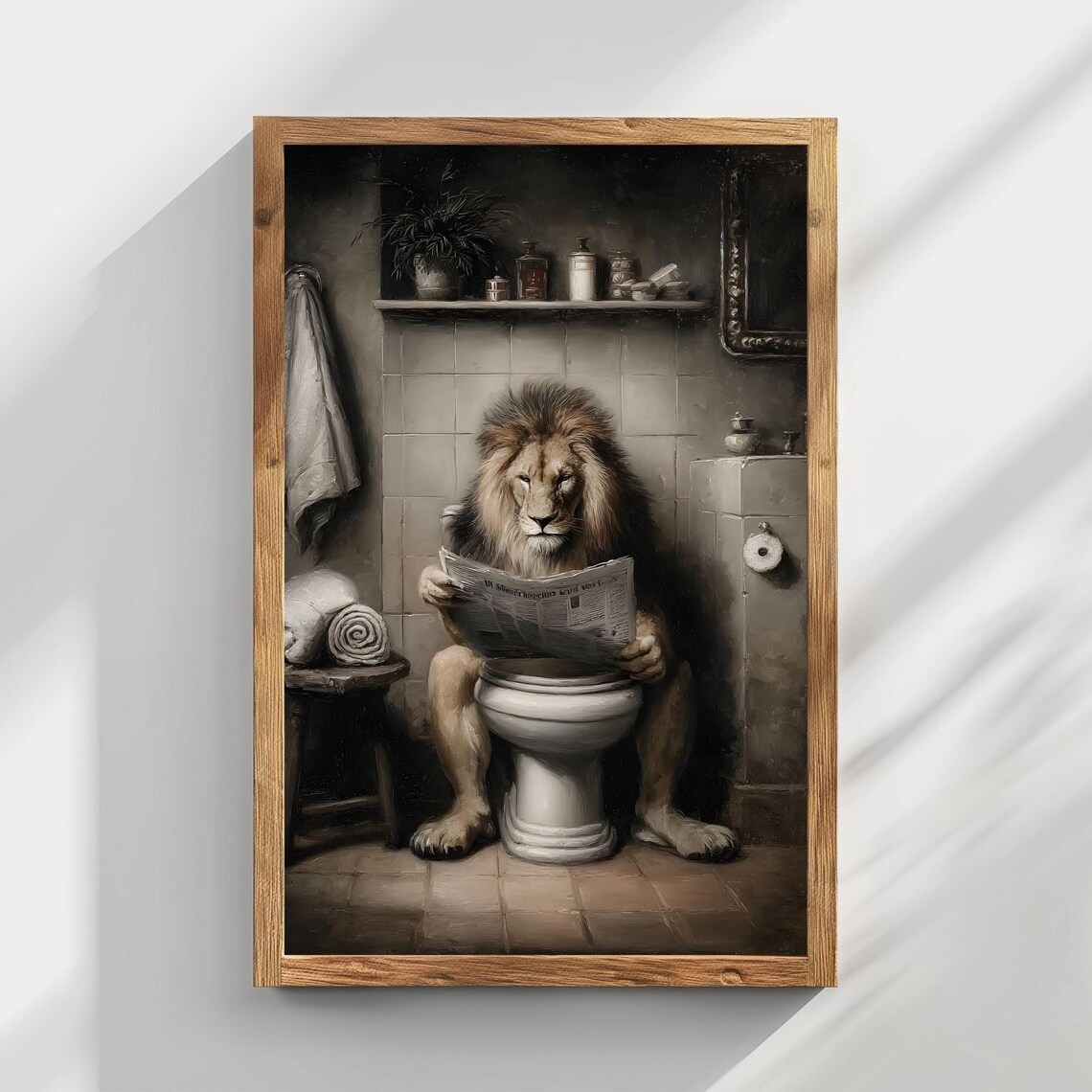 Funny Lion Reading Newspaper On Toilet Vintage Bathroom Humor Art Poster