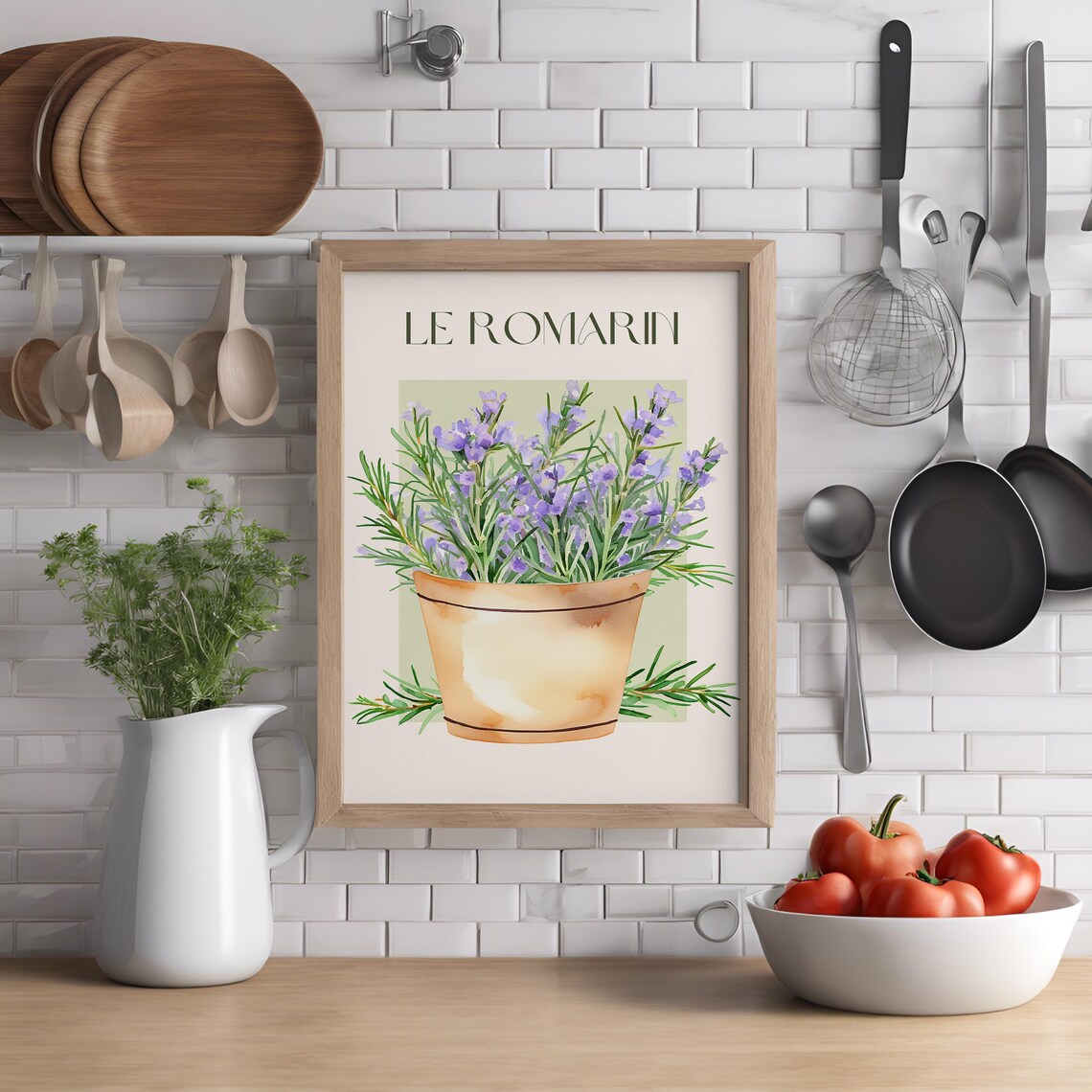 Le Romarin Watercolor Rosemary Botanical French Kitchen Wall Art - Image 3