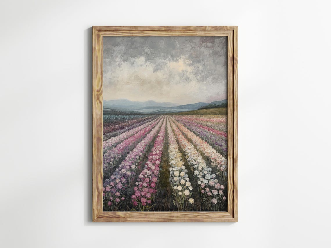 Soft Pink Flower Rows Under Cloudy Sky Serene Pastel Floral Poster - Image 2
