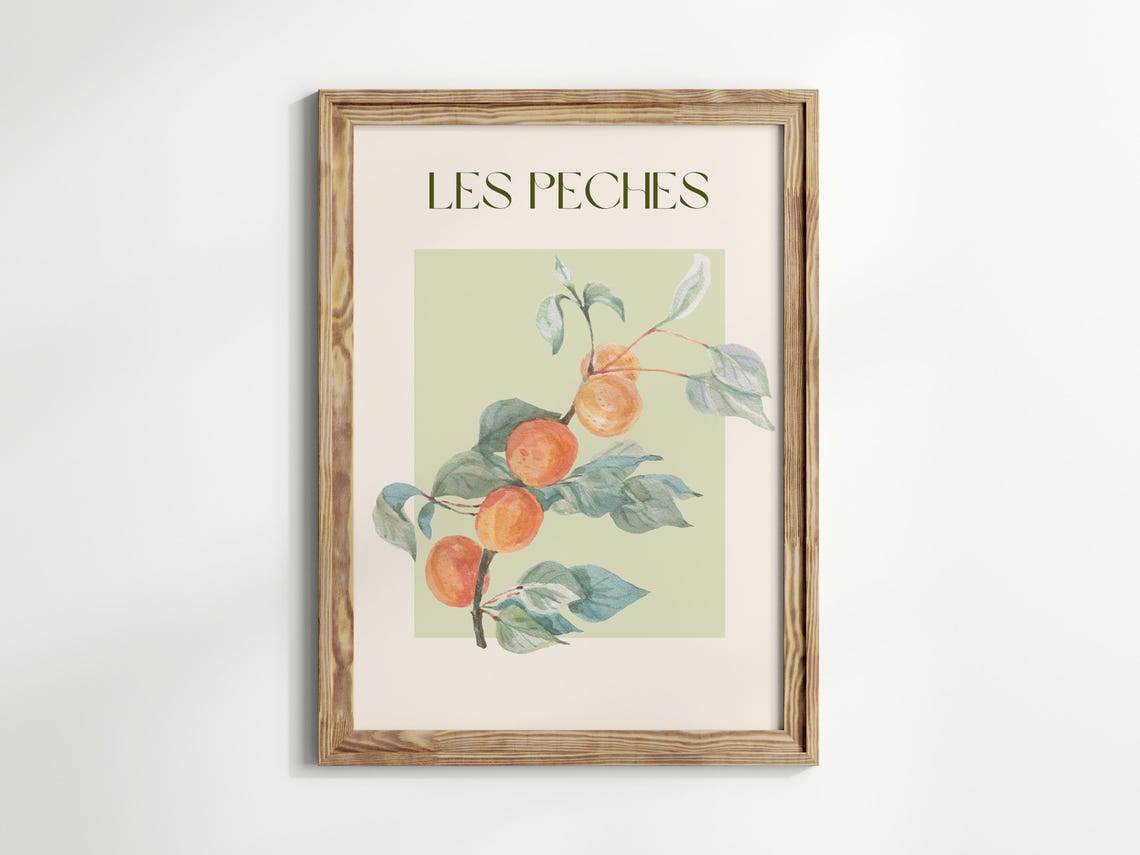 Les Peches Watercolor Peach Branch French Fruit Kitchen Wall Art - Image 2