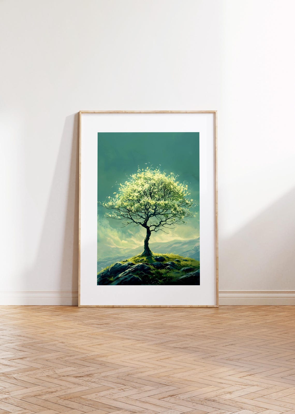 Golden Yellow Tree Luminous Teal Sky Tranquil Valley Hillside Poster - Image 3