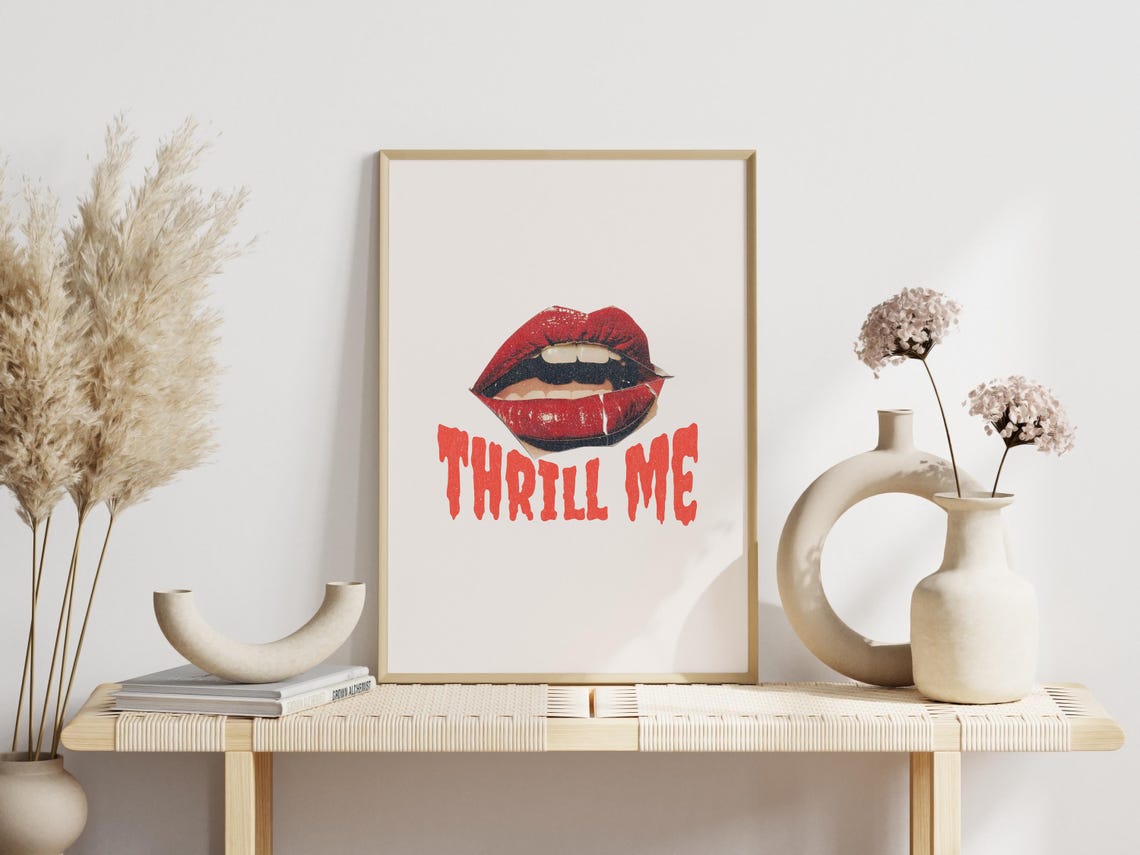 Thrill Me Vintage Red Lips Pop Art Quote Typography Cream Poster - Image 2