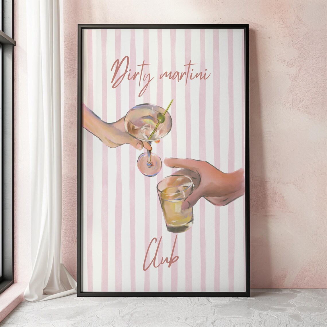 Dirty Martini Club Cocktail Toasting Hands Pink Stripes Bar Poster - Image 2