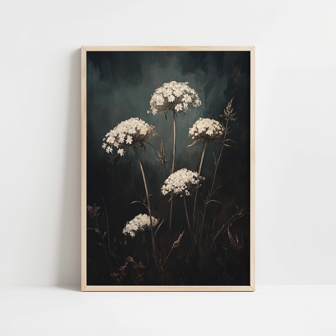 White Queen Annes Lace Moody Dark Botanical Oil Painting Print