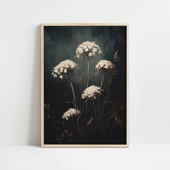 Queen Anne Lace Floral Moody Dark Academia Wall Art Painting Whimsigoth Botanical Oil Painting Vintage Cottagecore Decor Maximalist Print
