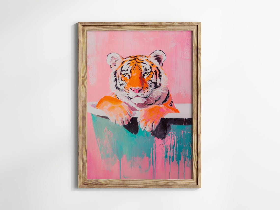 Tiger In Bathtub Whimsical Pink Maximalist Animal Decor Poster - Image 3