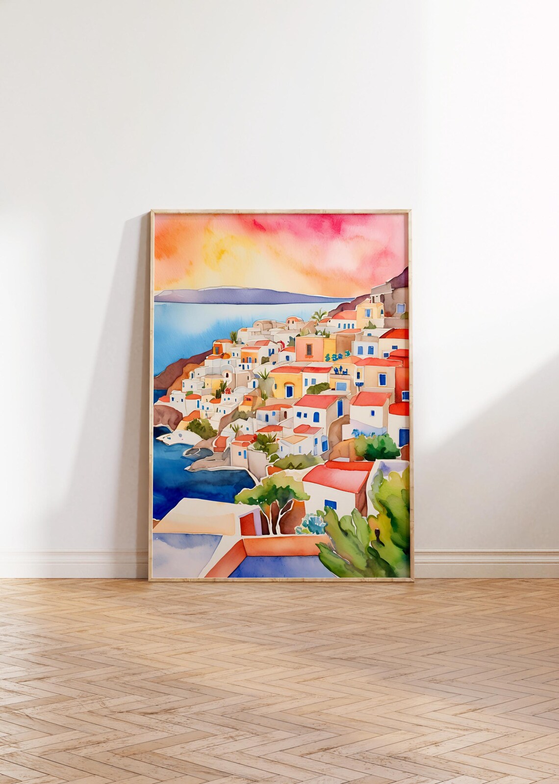 Greek Coastal Village Sunset Watercolor Aegean Sea Art Print - Image 3