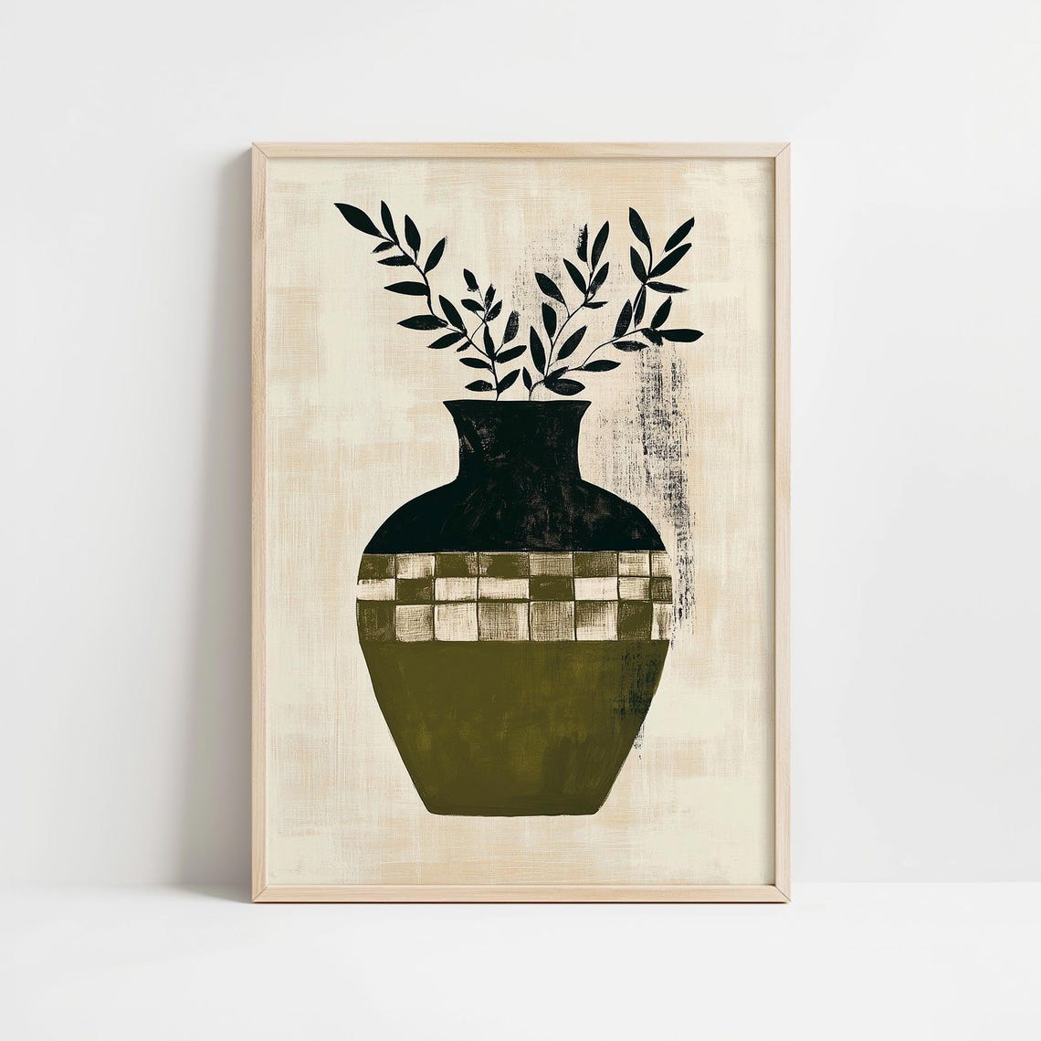 Olive Green Vase Checkered Band Botanical Midcentury Art Poster
