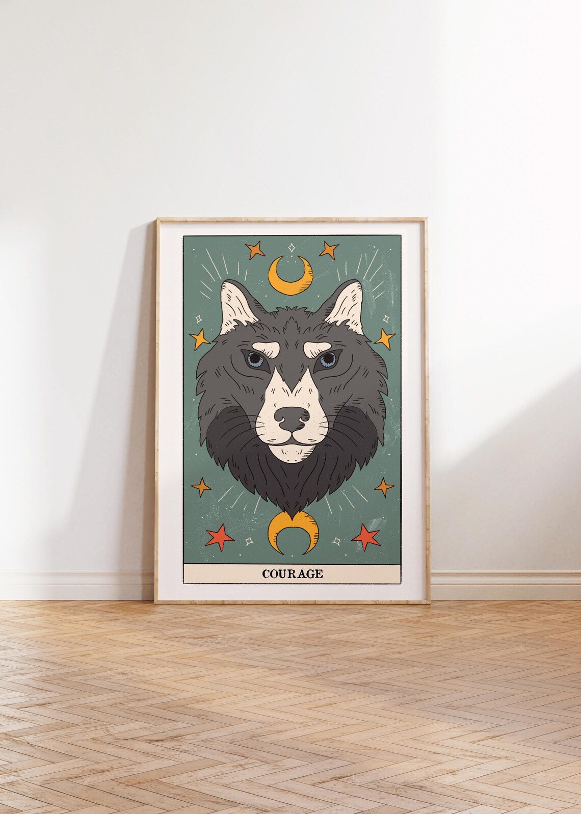 Courage Tarot Card Wolf Head Moon Stars Celestial Spirit Wall Art - Image 3