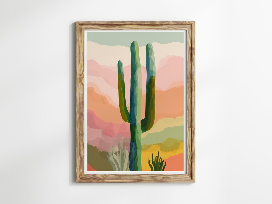 Tall Saguaro Cactus Pink Desert Hills Watercolor Style Poster - Image 3