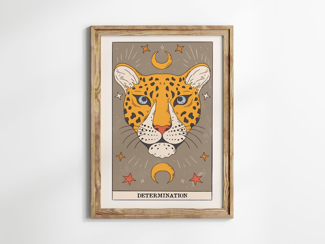 Determination Tarot Card Cheetah Head Moon Stars Wild Spirit Wall Art - Image 2