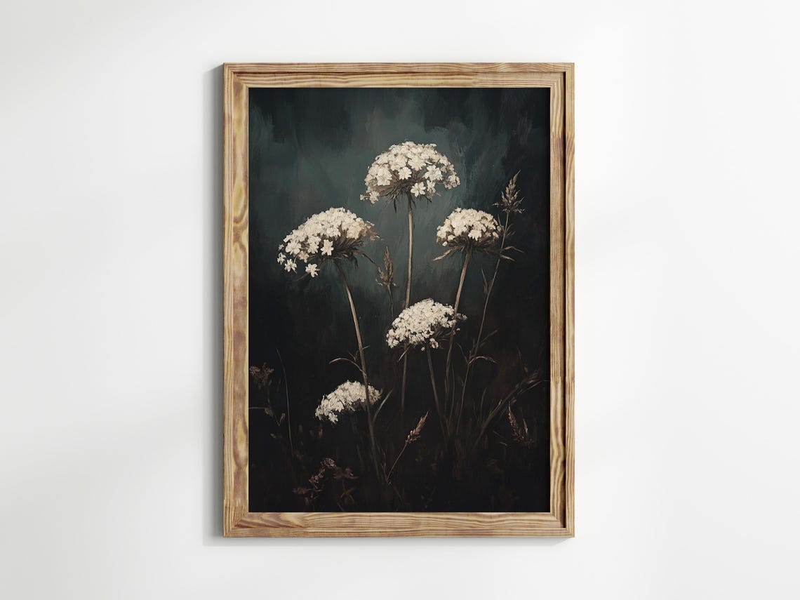 White Queen Annes Lace Moody Dark Botanical Oil Painting Print - Image 2