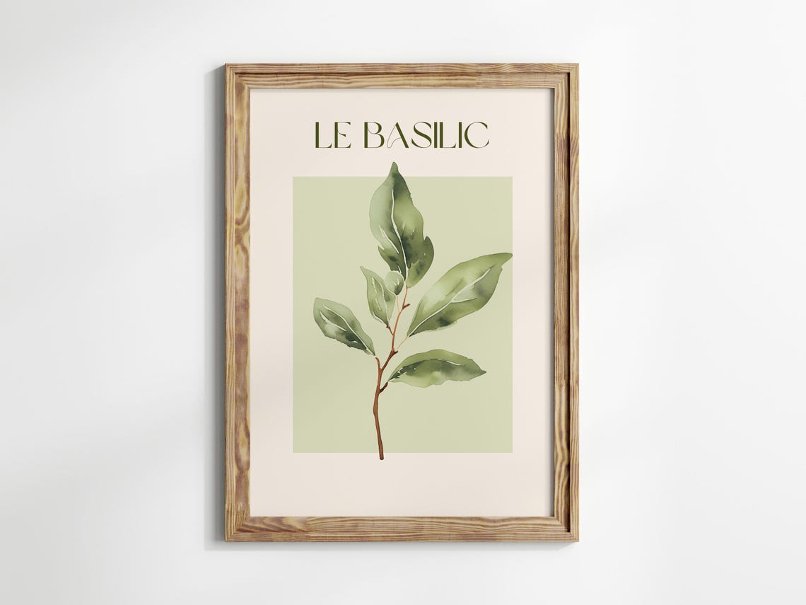 Le Basilic Watercolor Basil Sprig French Herb Kitchen Wall Art - Image 2