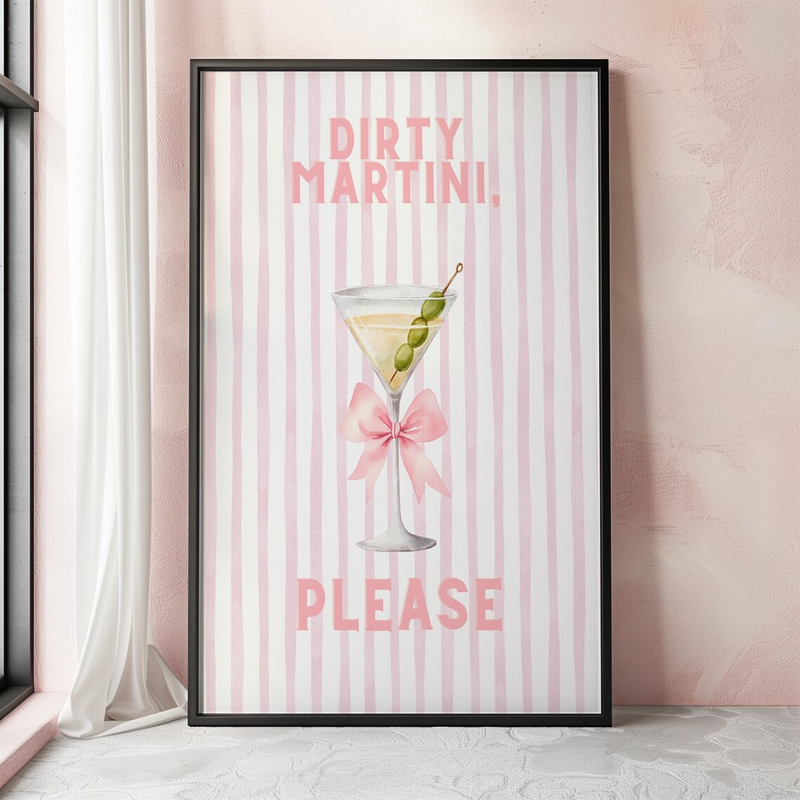 Dirty Martini Please Pink Stripe Cocktail Glass Bow Coquette Bar Poster - Image 2