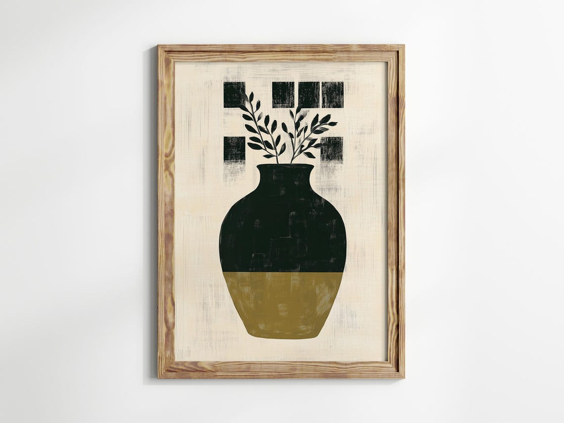 Black and Olive Vase Geometric Foliage Abstract Still Life Poster - Image 2
