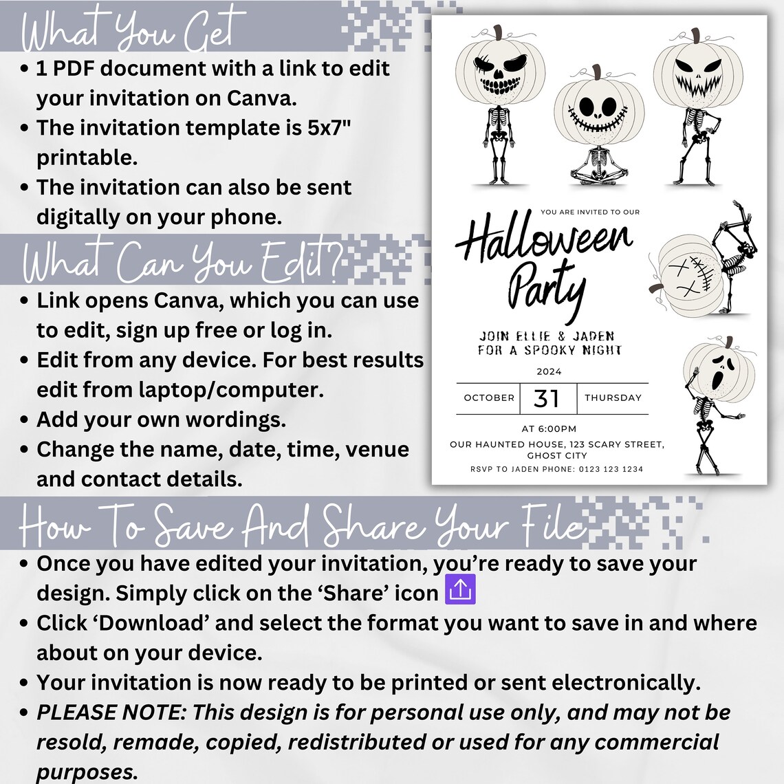 Halloween Party Invitation Template, Pumpkin Skeletons - Image 2