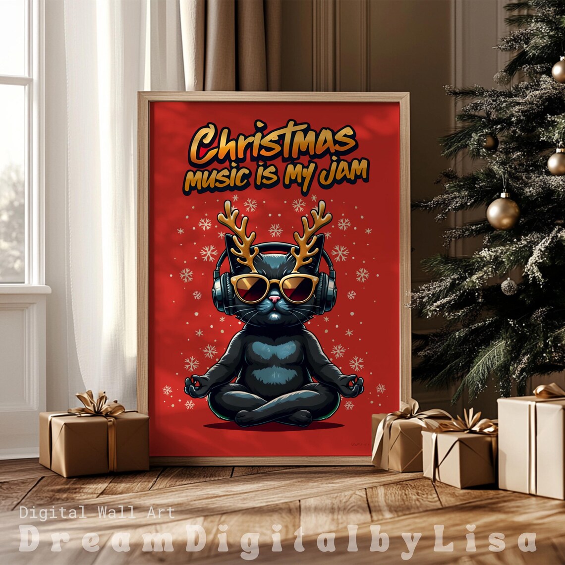 Christmas Music Is My Jam Black Cat Art Print