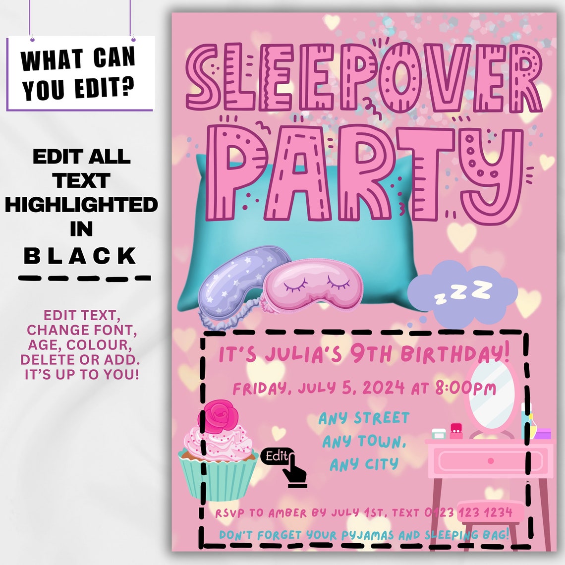 Sleepover Party Birthday Invitation Print Template Editable Pink Design - Image 3