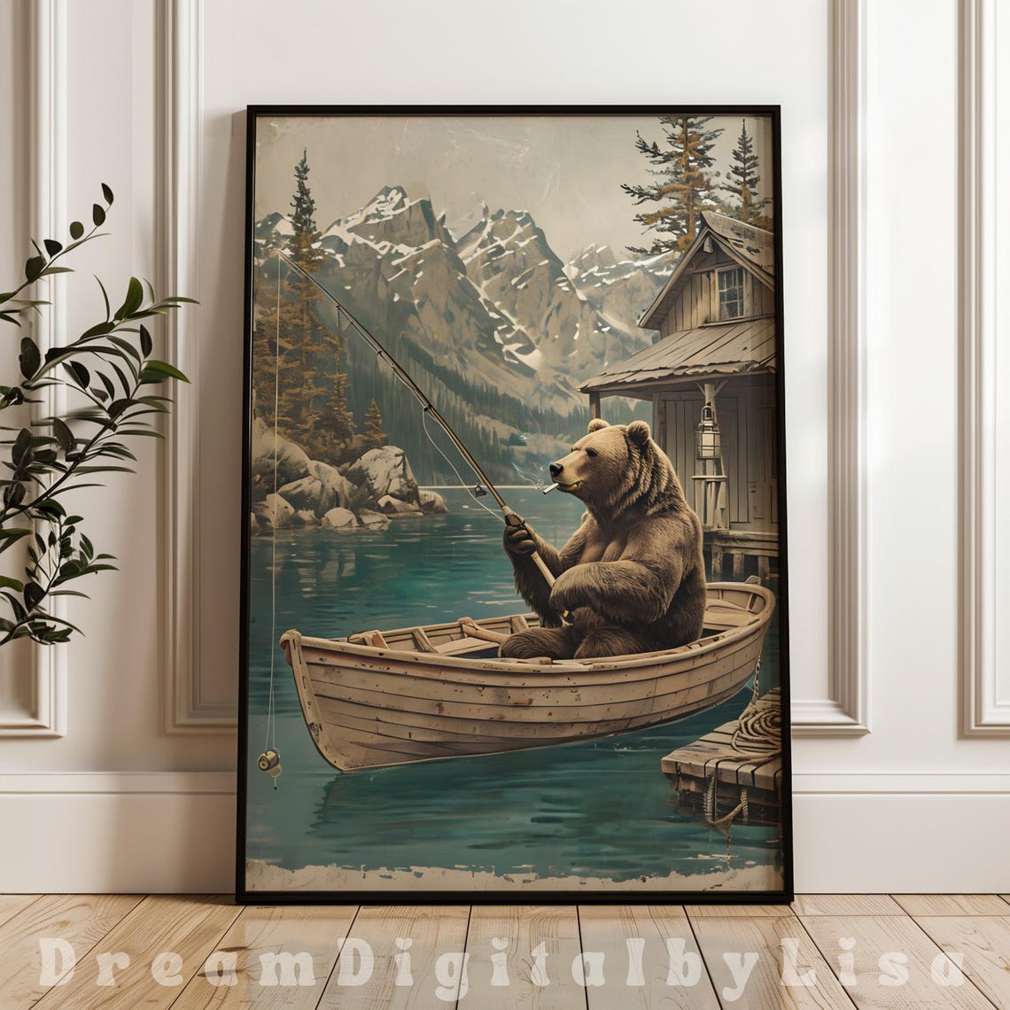 Vintage Fishing Brown Bear Illustration Rustic Wall Art Retro Lake Print Quirky Animal Fishing Gifts For Men Lake House Art