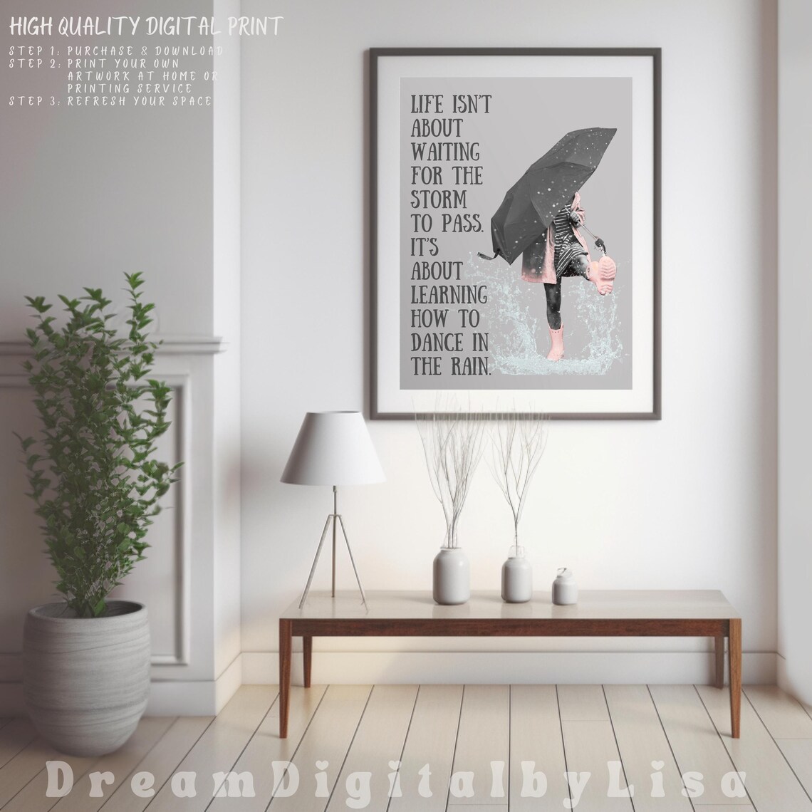 Learn to Dance in the Rain Inspirational Quote with Umbrella Girl Poster - Image 3