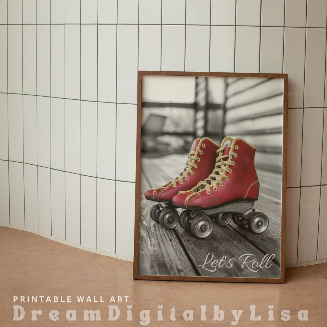 Vintage Red Roller Skates Lets Roll Black and White Photo Poster - Image 3
