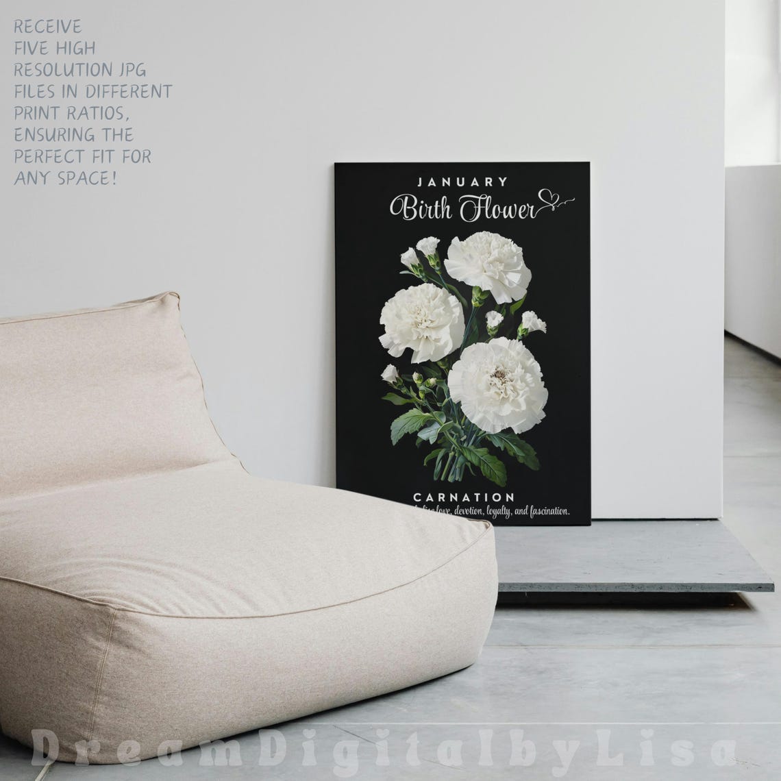 Elegant January Birth Flower Carnation White Botanical Floral Poster - Image 3