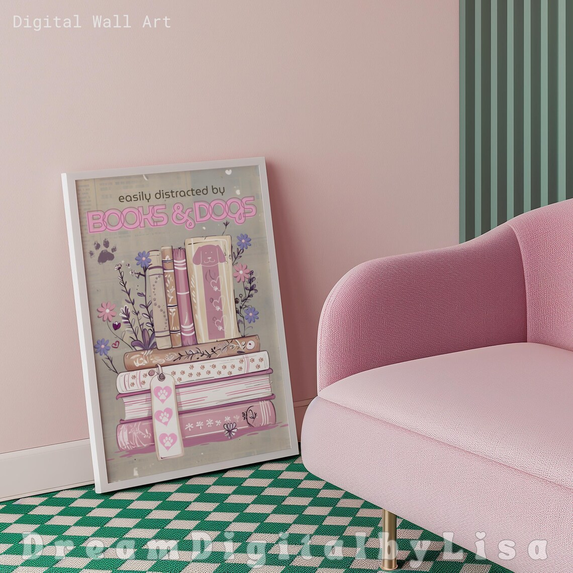Easily Distracted By Books And Dogs, Reading Nook Art - Image 2