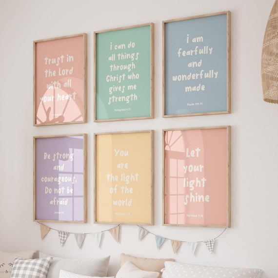 Set Of Six Bible Verse Scripture Art Kids Gallery Wall Poster