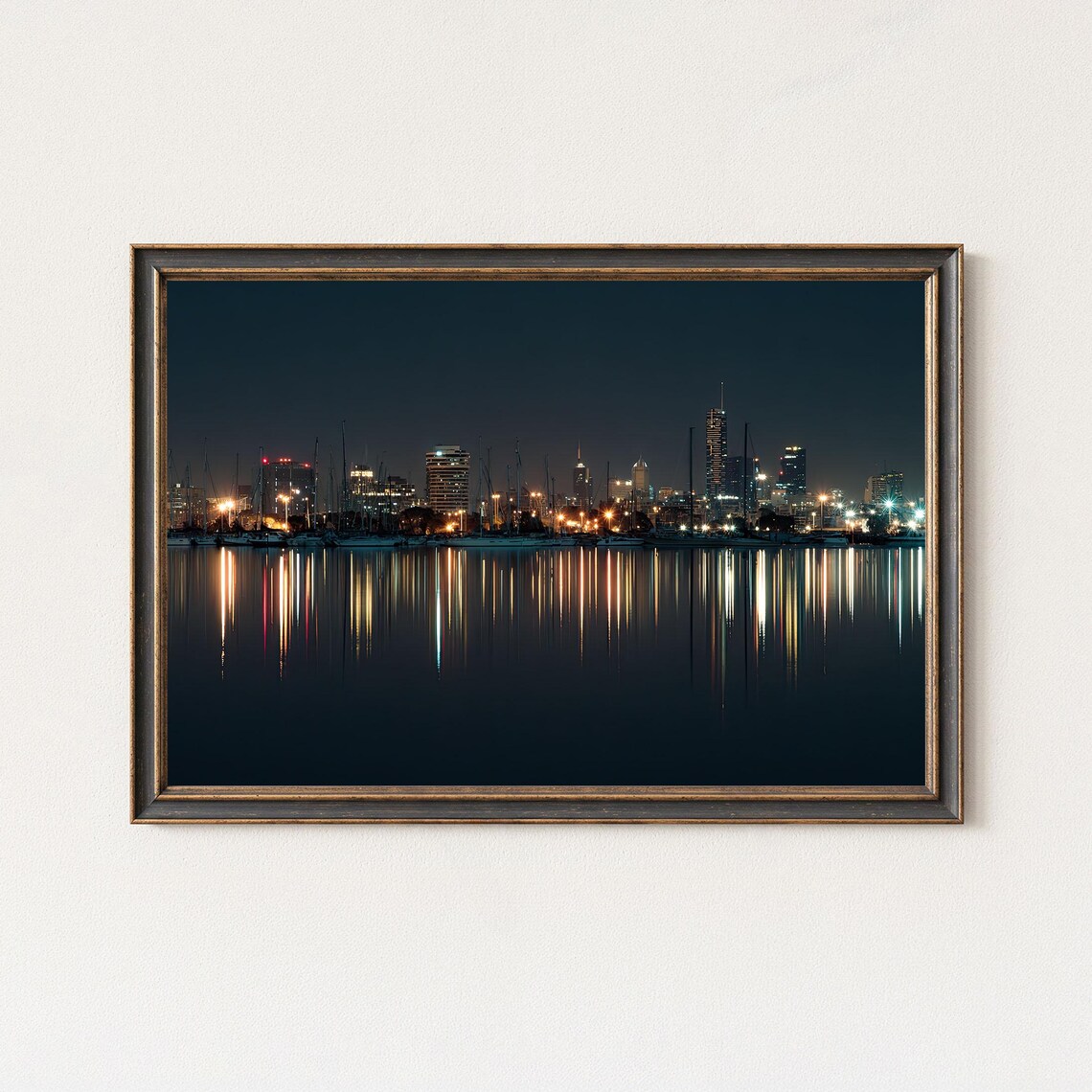 Melbourne Skyline Wall Art St Kilda Night Cityscape Australia Reflection Print