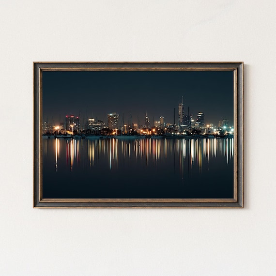 Melbourne Skyline Wall Art St Kilda Night Cityscape Australia Reflection Print