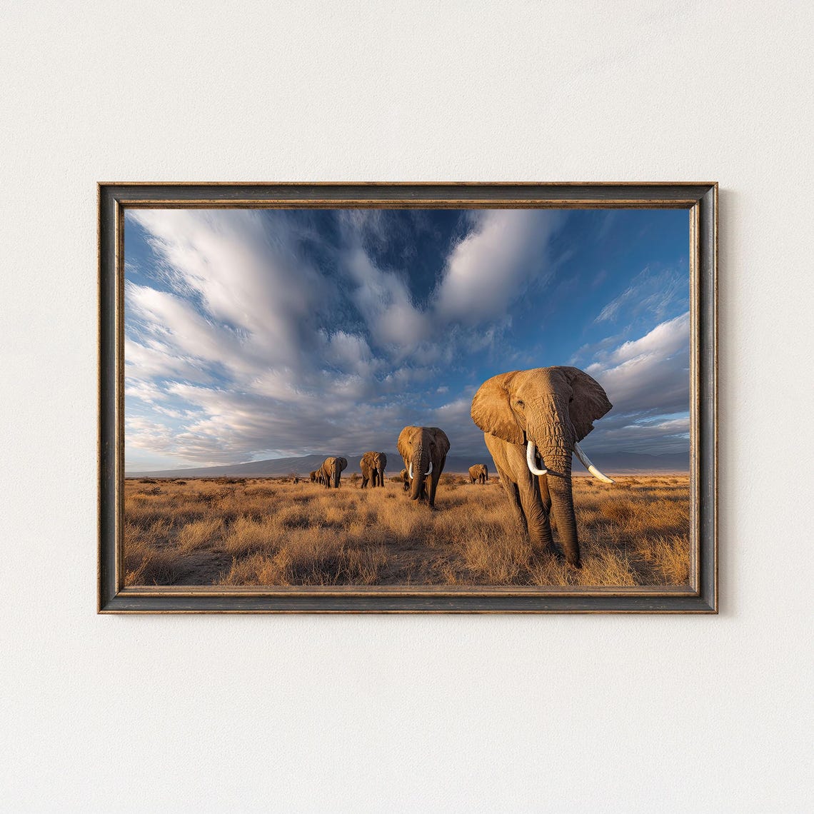 Elephant Herd Savanna Dramatic Sky Wildlife Photography Poster