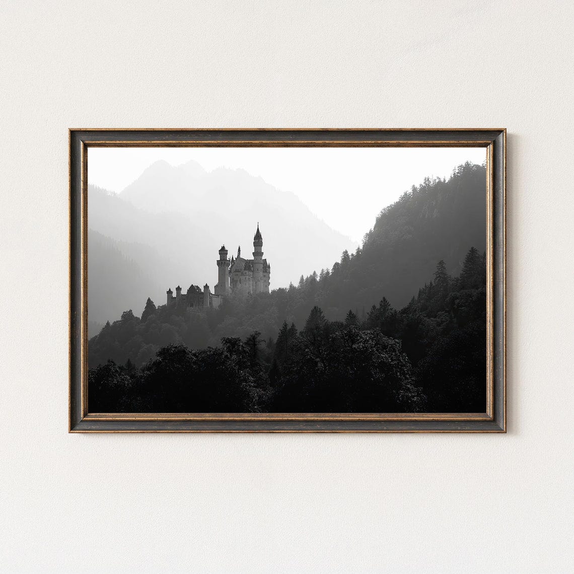 Neuschwanstein Castle Bavarian Misty Forest Black White Poster