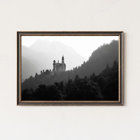 Neuschwanstein Castle Fog Landscape Photography Black And White Print