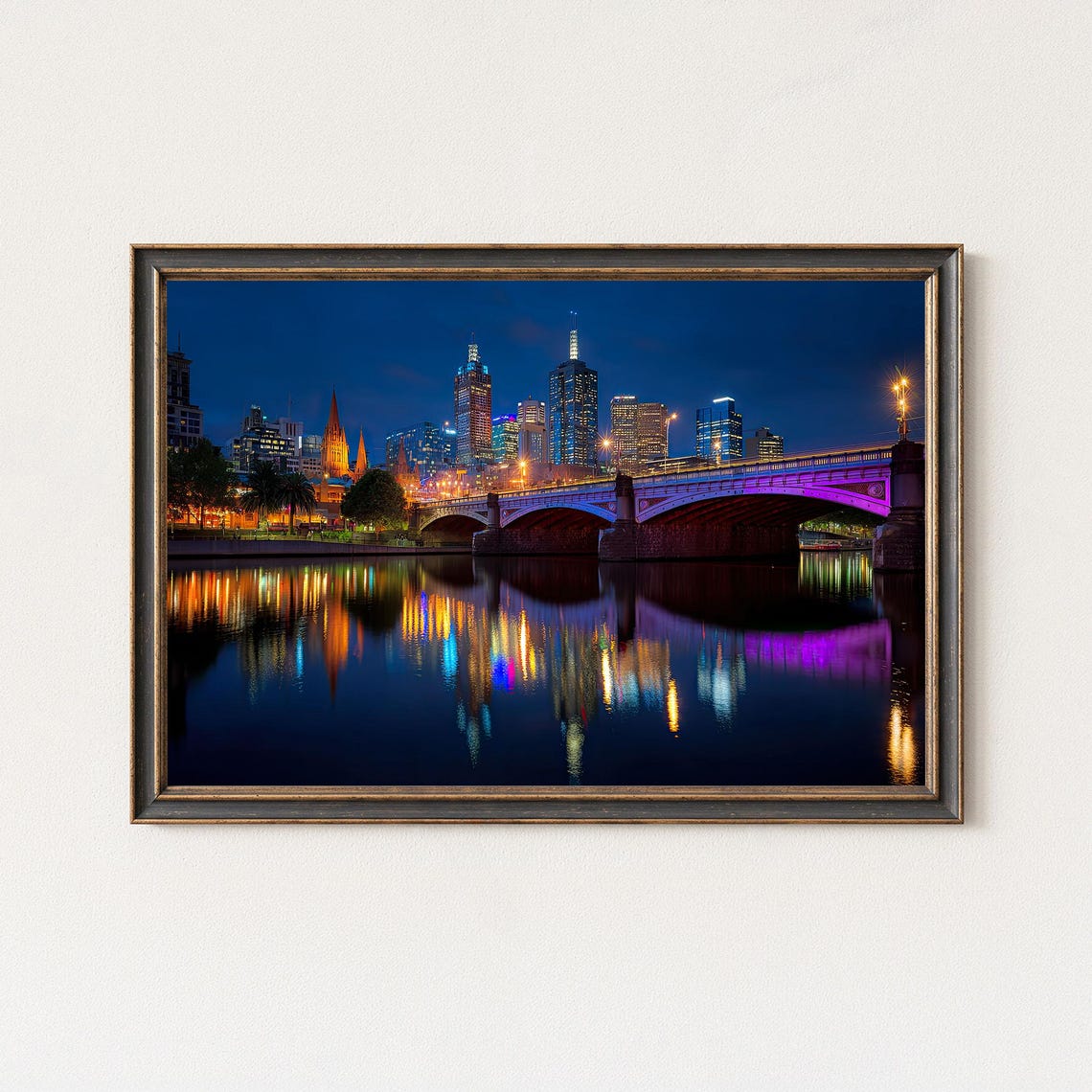 Melbourne Australia Princes Bridge Night Yarra River Skyline Poster