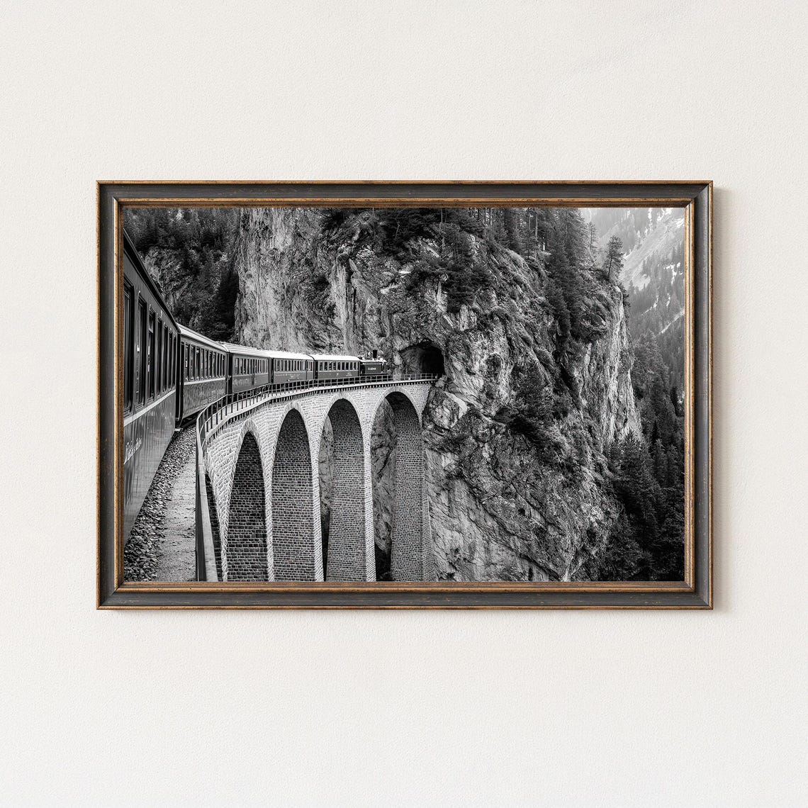 Landwasser Viaduct Train Black and White Swiss Alps Railway Poster