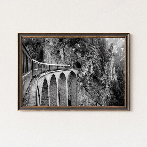 Landwasser Viaduct Train Black and White Swiss Alps Railway Poster