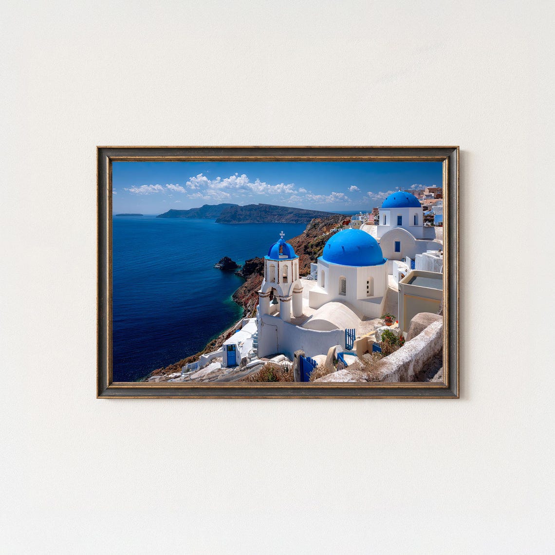 Santorini Blue Domed Churches Over the Aegean Sea Greece Poster