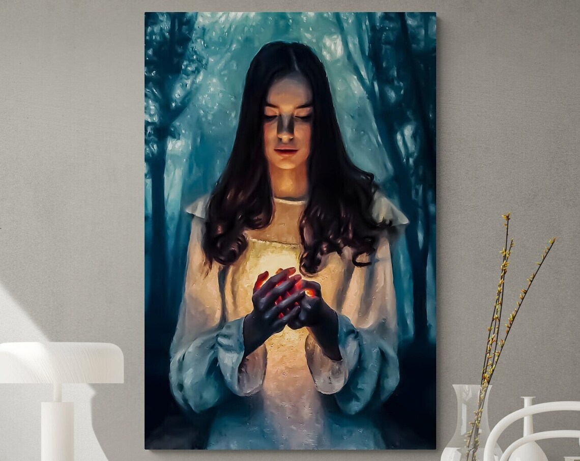 Mystical Woman Holding Ember In Blue Forest Fantasy Art Poster - Image 3