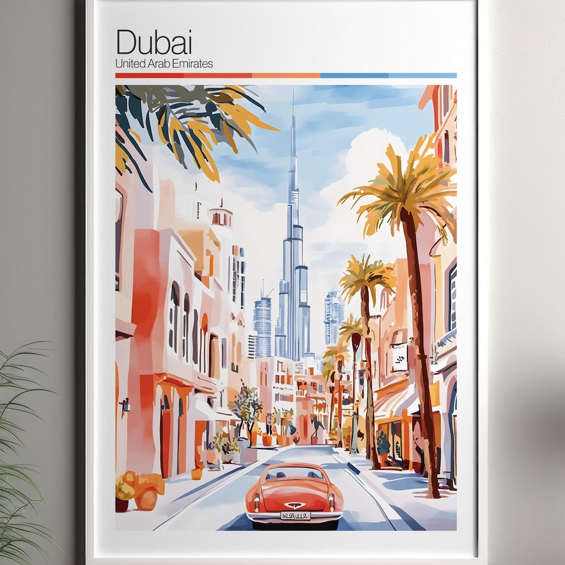 Dubai City Burj Khalifa Palm Street United Arab Emirates Travel Poster