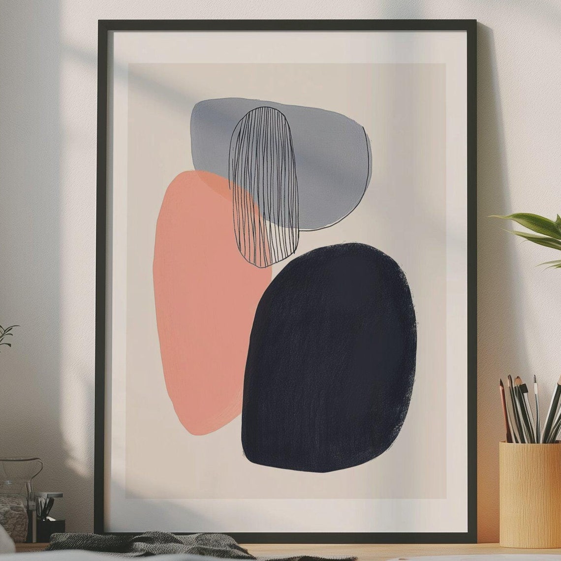 Navy Coral and Gray Abstract With Striped Ellipse Modern Poster